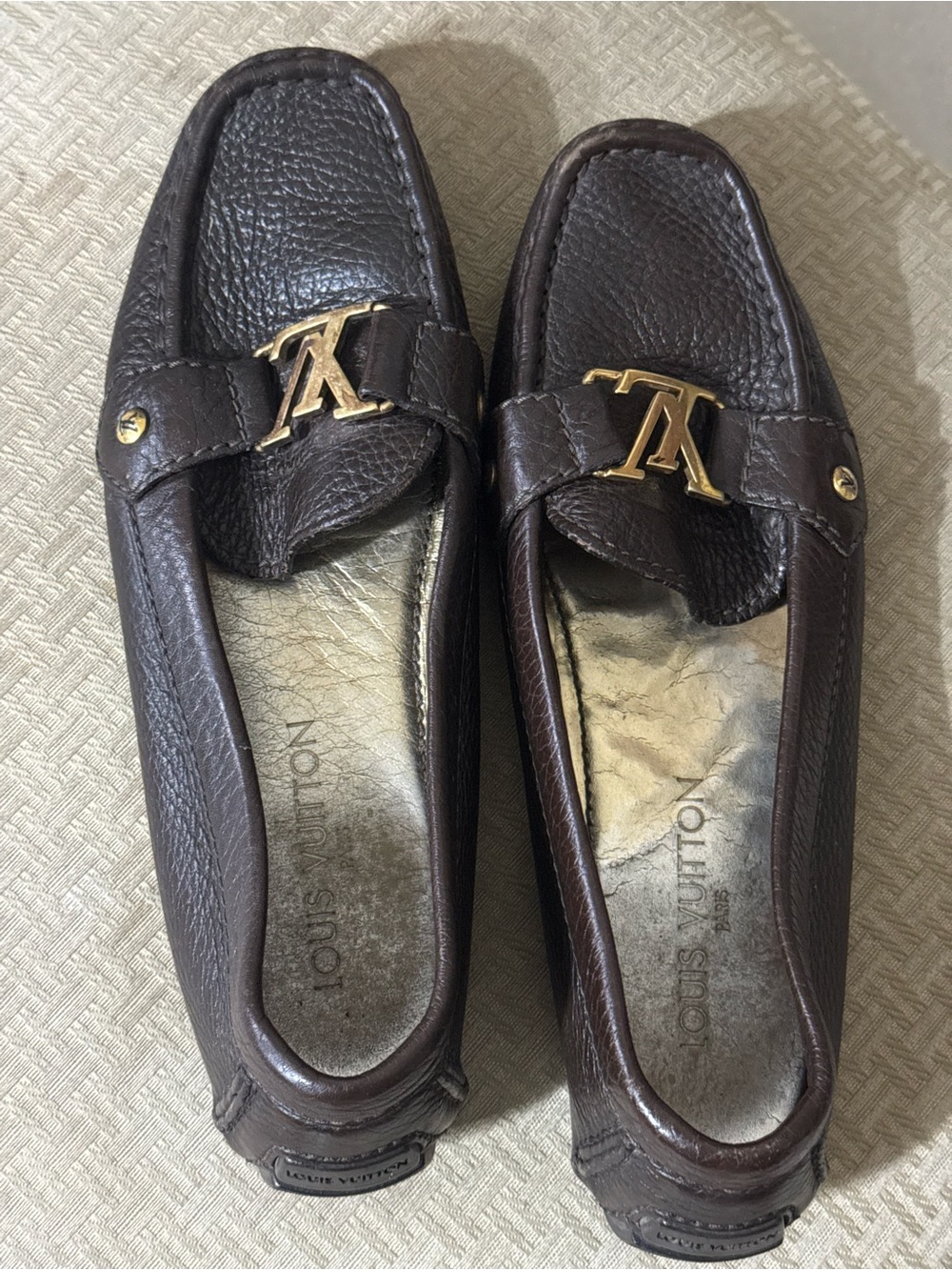 Louis Vuitton Dark Brown Pebbled Leather Loafers with Gold LV Hardware
